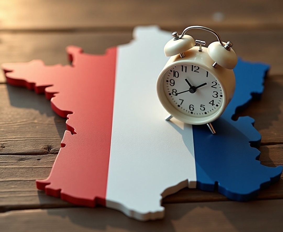 Clock placed on France map with French flag colors showing fast money transfers to France