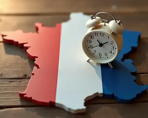 Clock placed on France map with French flag colors showing fast money transfers to France