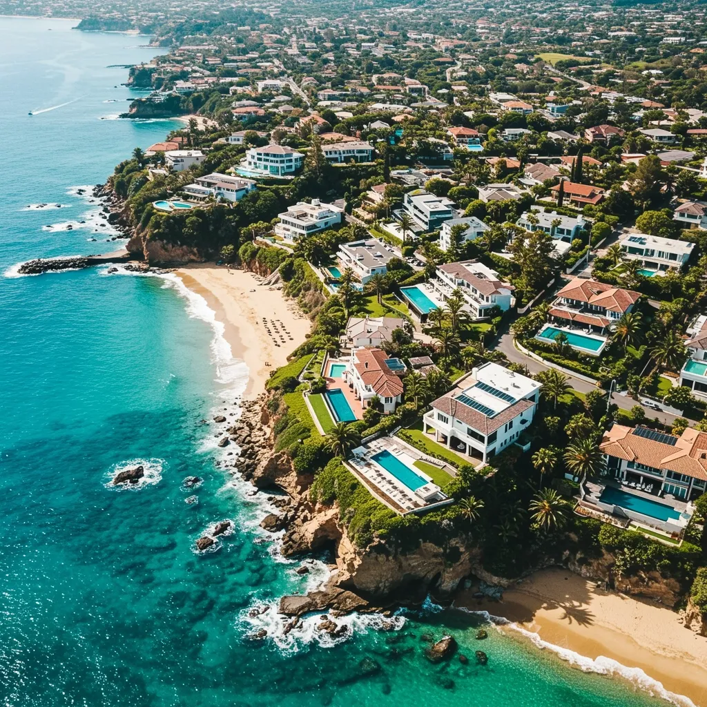 Aerial view of a tropical coastal neighbourhood with luxury homes, sandy beaches, turquoise ocean water, and rocky shoreline.