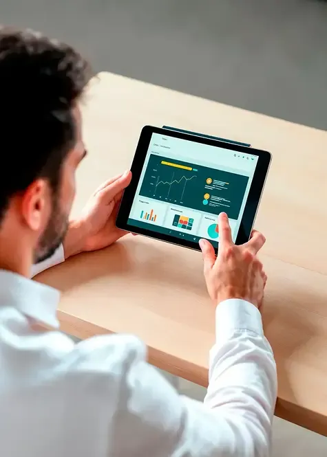 Man using a tablet to review financial analytics and dashboard reports at a desk