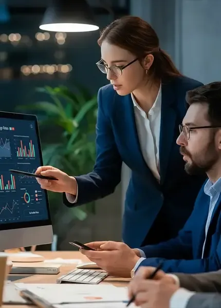 Two professionals analyzing bar charts and graphs on a computer screen in an office