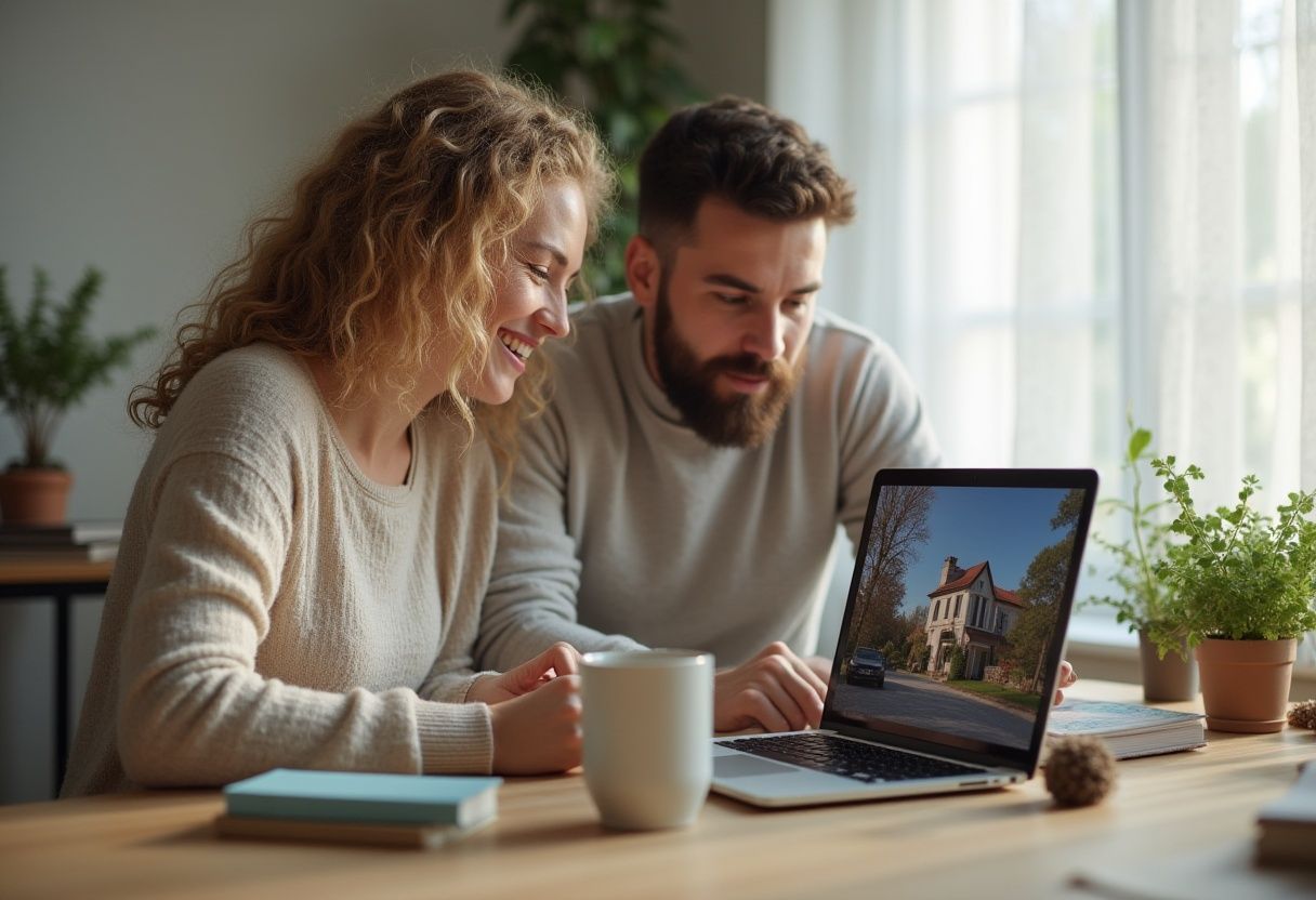 Happy couple browsing a real estate listing on a laptop at home, viewing a property image on the screen with sunlight streaming through the window.