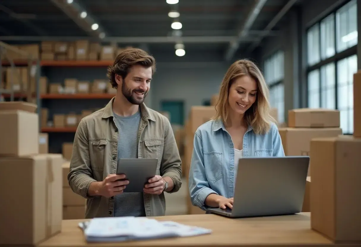 Two Canadian business owners managing overseas supplier payments using digital FX tools on laptop and tablet in a warehouse, highlighting MTFX’s efficient cross-border currency transfer solutions.