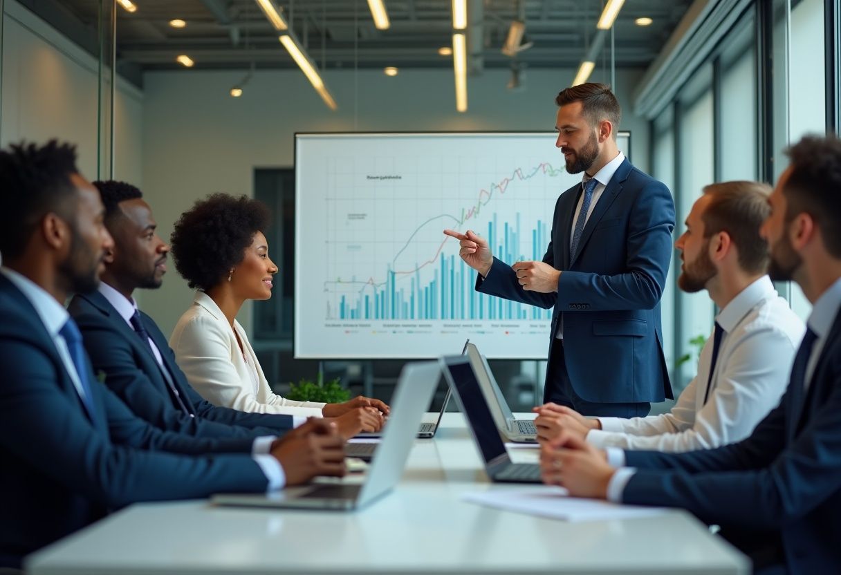 Business team in a boardroom discussing foreign exchange strategies, live currency rates, and international payment solutions with charts displaying FX trends, representing MTFX’s expertise in global money transfers for businesses.