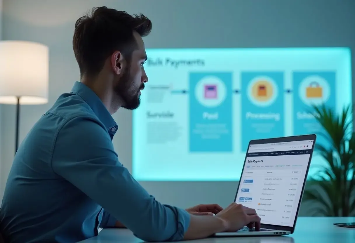 Business professional using the MTFX platform to manage bulk international payments and monitor real-time currency exchange details, with FX workflow displayed on screen.