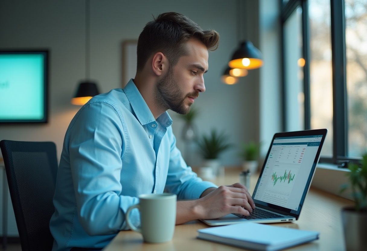 Man analyzing live foreign exchange charts on a laptop, reviewing exchange rates for international money transfers, highlighting secure and competitive FX services.