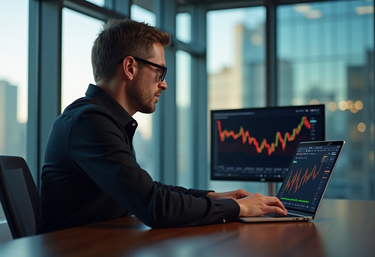 A professional man analyzing financial charts on a laptop in a modern office, with trading graphs displayed on his screen and an additional monitor.