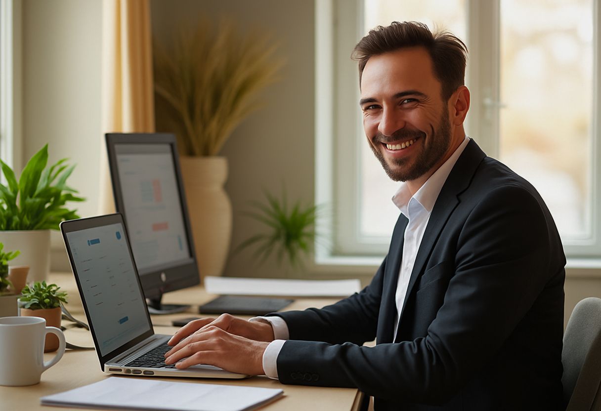 Smiling businessman using a laptop with currency charts on screen, representing real-time FX rate monitoring and international contractor payments from Canada using MTFX.