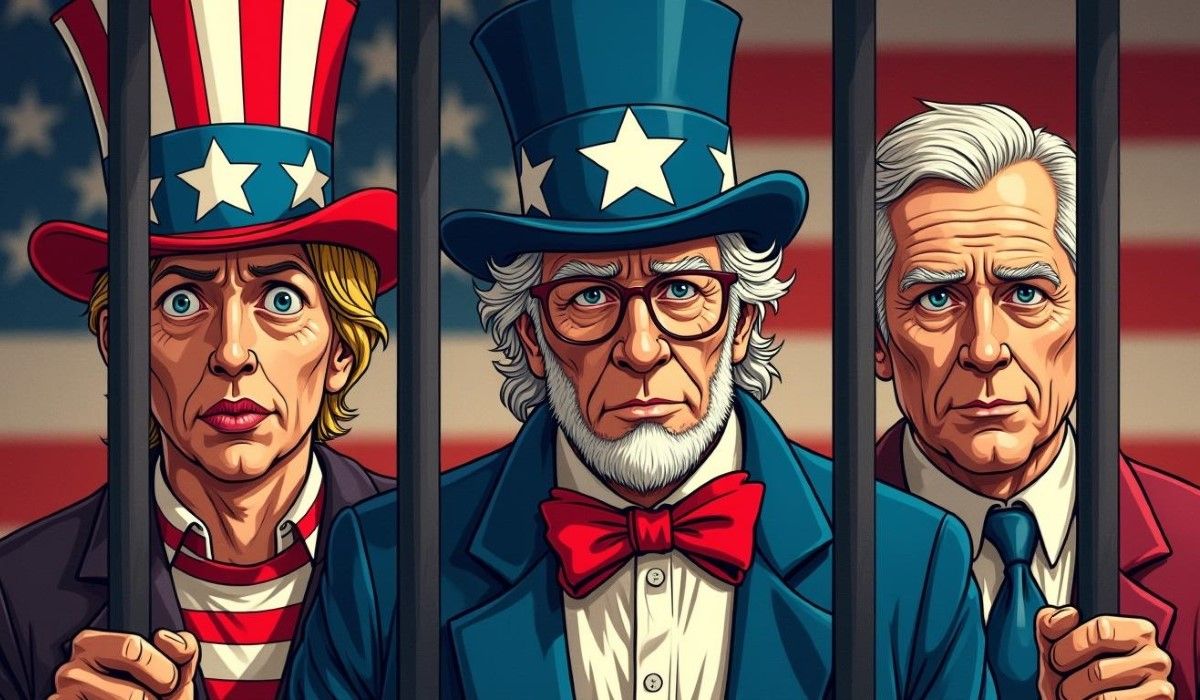 A stylized illustration of Uncle Sam and two other figures behind prison bars, with serious expressions. The American flag is visible in the background. The image has a detailed, modern artistic style.