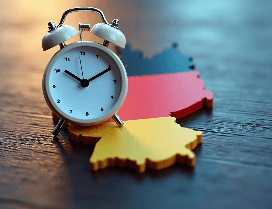 A 3D map of Germany painted in black, red, and gold with a cream-colored alarm clock on top, symbolizing time zones or scheduling in Germany.