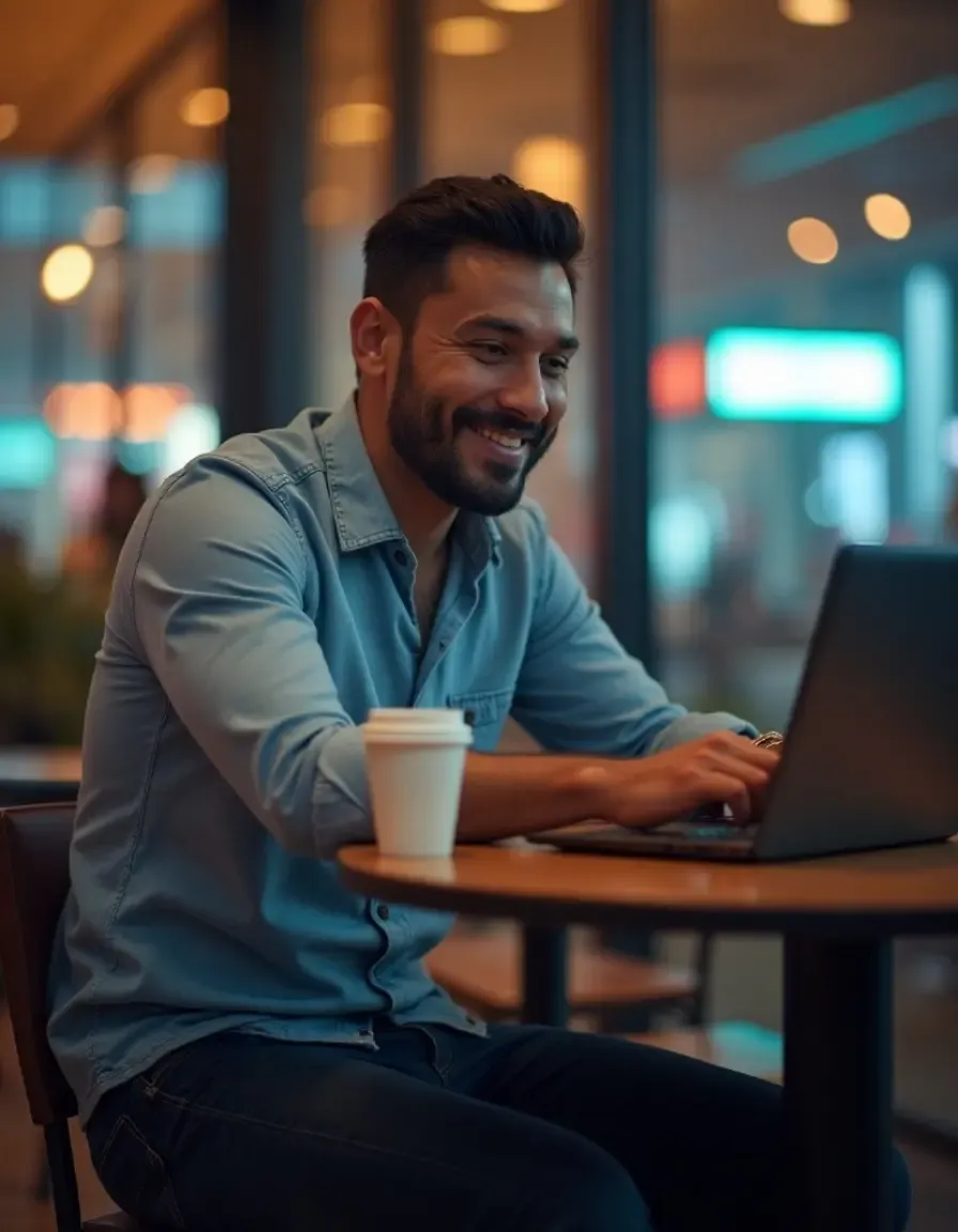 Man working on a laptop in a café with a coffee cup beside him, focused on remote work or online trading.