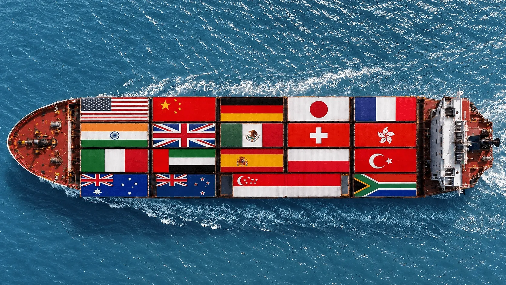 Cargo ship carrying containers marked with international country flags, representing global trade and cross-border payments.