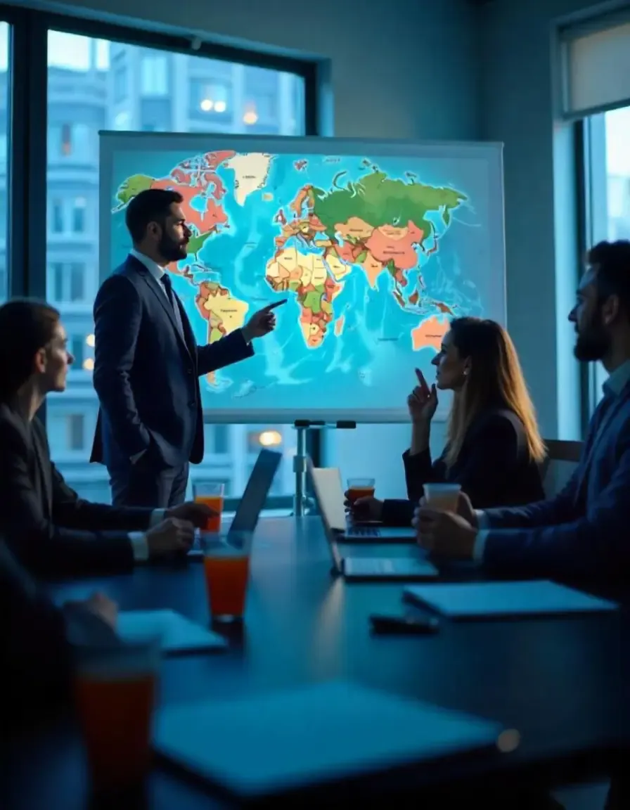 Professional giving a presentation in a boardroom, pointing at a world map while colleagues listen and take notes, symbolizing global strategy or international planning