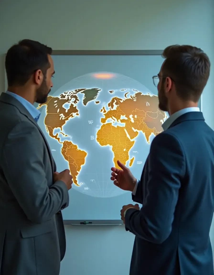 Two professionals analyzing a digital world map projection on a screen during a global strategy meeting