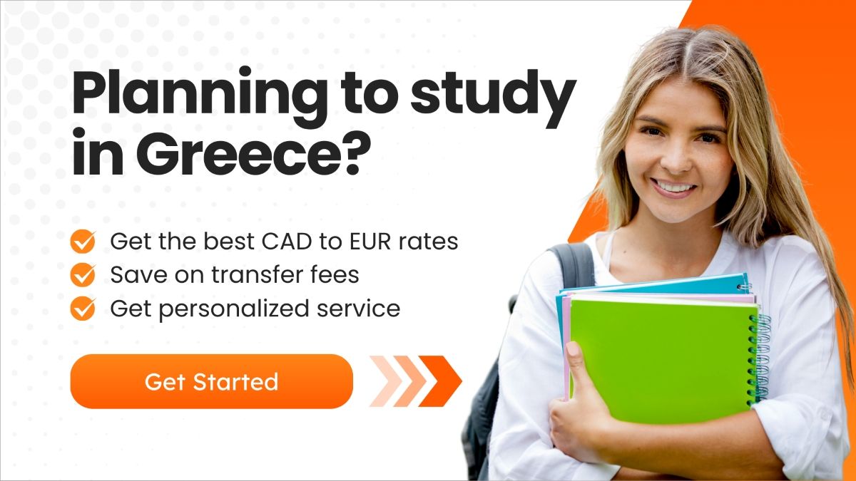 A smiling young woman holding colorful notebooks, promoting study opportunities in Greece with the tagline 'Planning to study in Greece?' along with benefits like best CAD to EUR rates and saving on transfer fees.