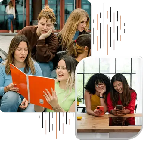 Groups of international students reading and using smartphones together in a relaxed, social setting.