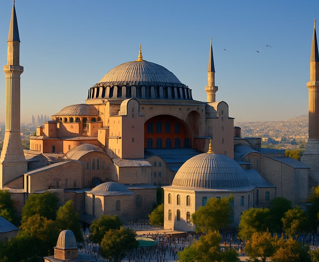 Iconic Hagia Sophia in Istanbul at sunset, symbolizing Turkey as a major cultural and financial destination where people often send money for family or investment.