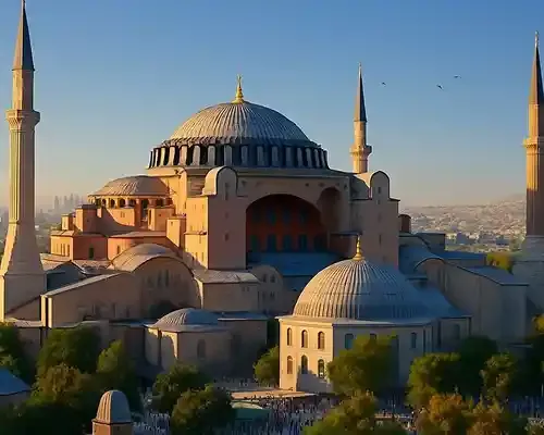Iconic Hagia Sophia in Istanbul at sunset, symbolizing Turkey as a major cultural and financial destination where people often send money for family or investment.