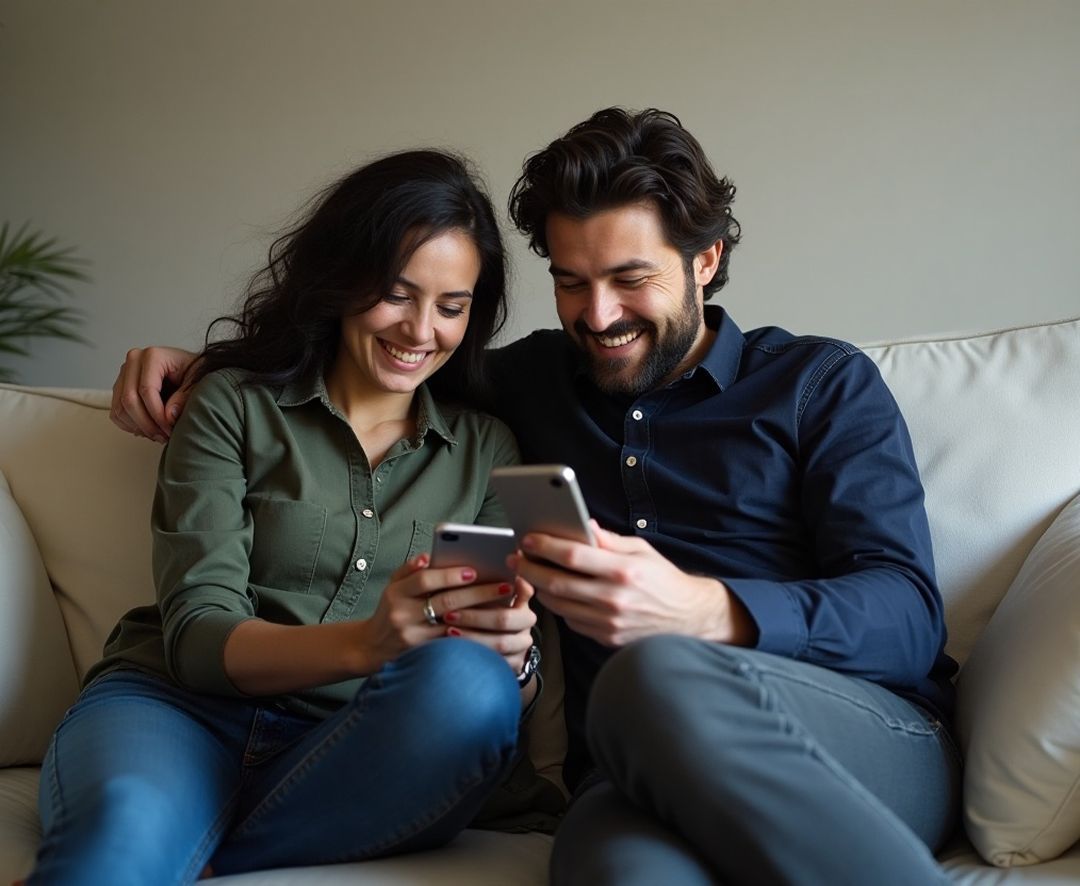 Smiling couple using their smartphones on a couch, representing the ease of using MTFX to send money to New Zealand from Canada.