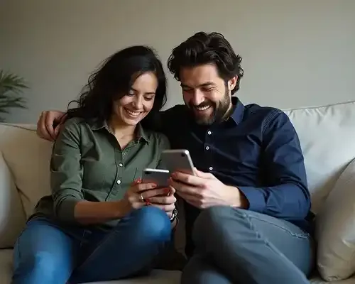 Smiling couple using their smartphones on a couch, representing the ease of using MTFX to send money to New Zealand from Canada.