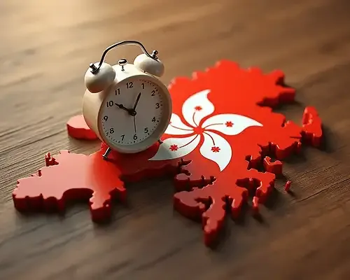 Clock on Hong Kong map with city flag symbolizing fast and timely money transfers to Hong Kong