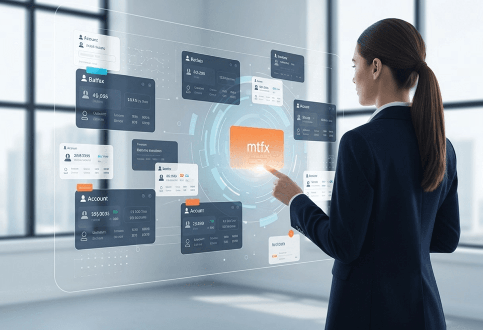 Businesswoman interacting with a digital screen displaying MTFX-branded financial dashboards, accounts, and data analytics in a modern office setting.