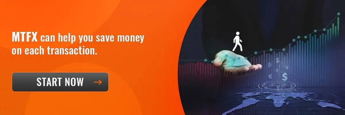 MTFX call-to-action banner with an orange background and a “Start Now” button, featuring a hand holding a digital figure and financial growth chart with global currency symbols.