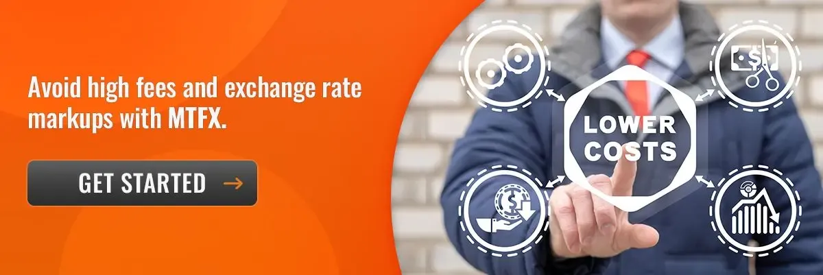 Business professional tapping a transparent digital interface labeled “Lower Costs,” with icons representing savings, finance, and reduced fees—promoting MTFX as a low-cost money transfer solution.