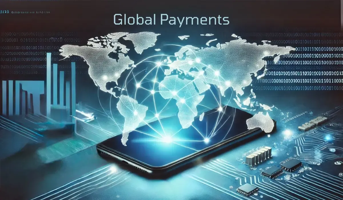 A digital illustration of a glowing world map connected by data points, hovering above a smartphone, symbolizing global payments and international financial technology.