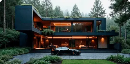Modern luxury home surrounded by trees with a car parked in front, representing international property purchases