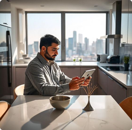 Man sitting at a kitchen table using a smartphone and tablet in a modern apartment with a city skyline visible through large windows.