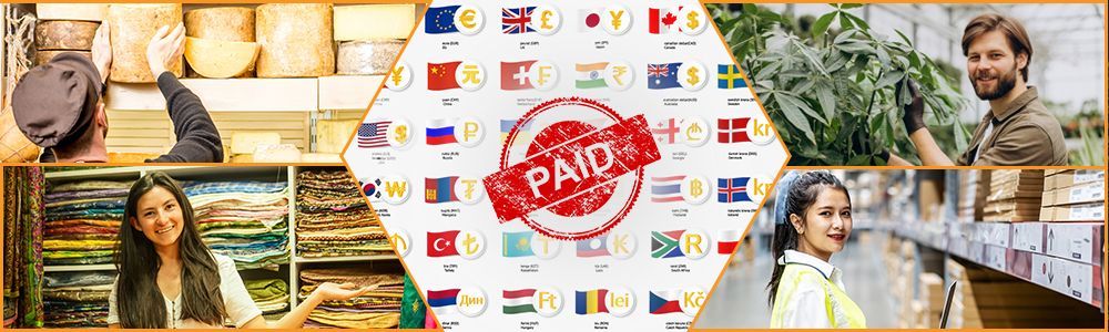 Collage of international small business owners, farmers, and vendors with currency symbols from around the world and a red 'PAID' stamp at the center, representing global vendor payments.