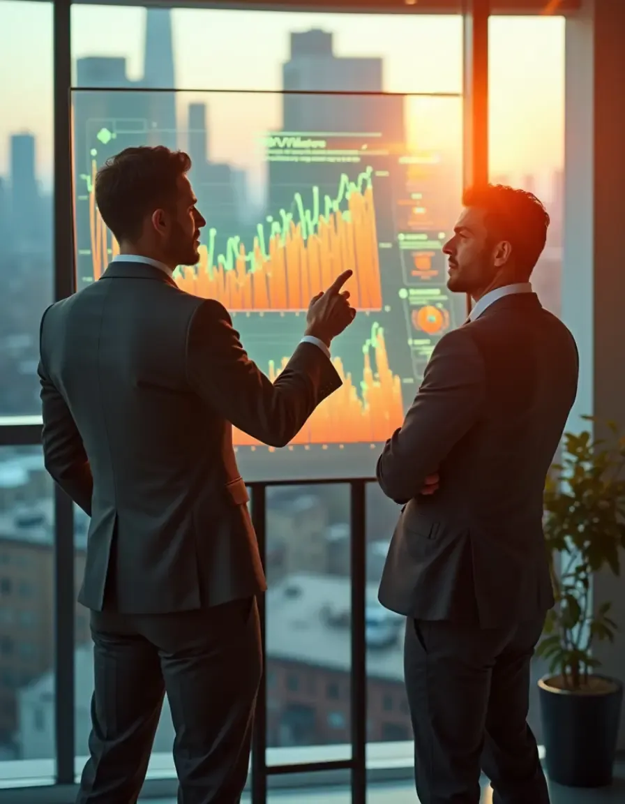 Two businessmen analyzing a large digital chart with orange data lines against a city backdrop