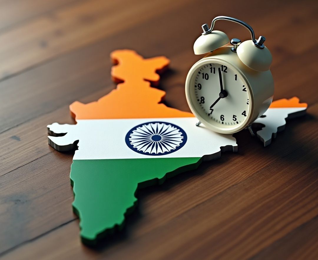 Clock on Indian flag map symbolizing fast and timely money transfers to India