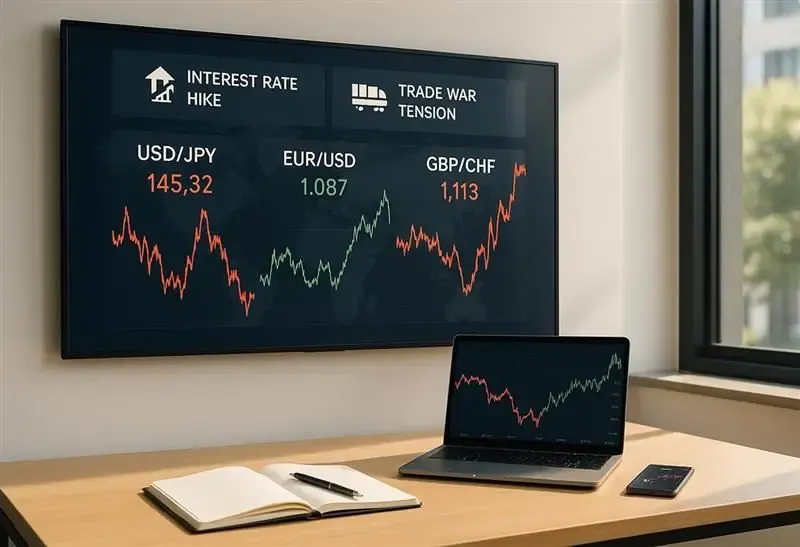 FX market dashboard showing currency pairs and macro trend indicators; reflects how MTFX helps businesses navigate volatility with real-time rates and smart FX solutions.