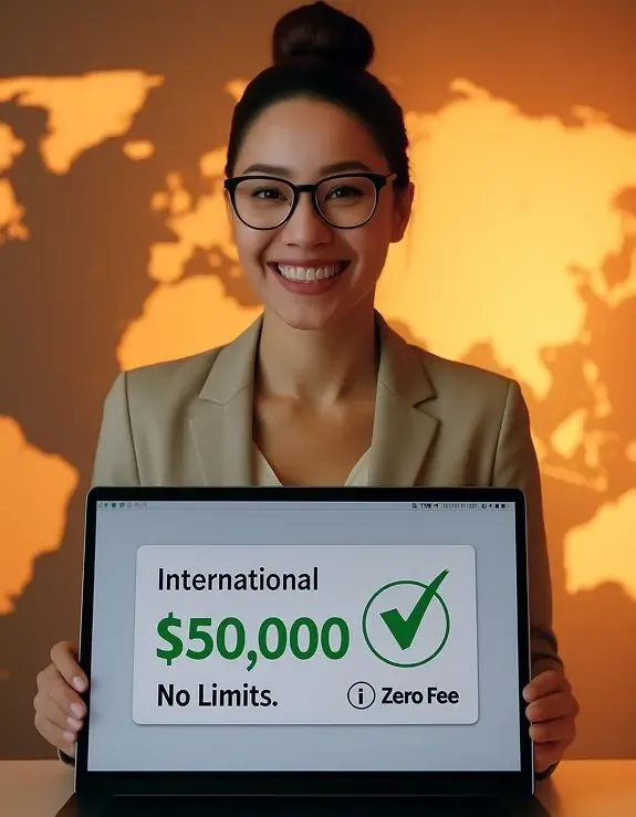 Smiling businesswoman holding a laptop screen displaying ‘International $50,000 No Limits Zero Fee’ message, symbolizing MTFX’s cost-effective solutions for international business payments and high-value B2B transactions.