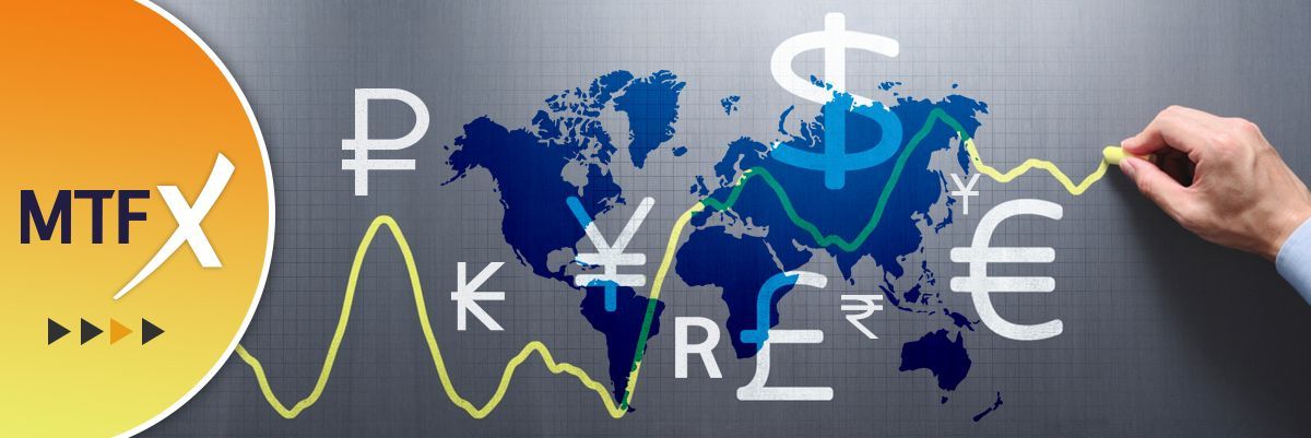 Graphic of global currencies and exchange rate trends over a world map, with MTFX logo on the left, illustrating international money transfer flows from Canada.