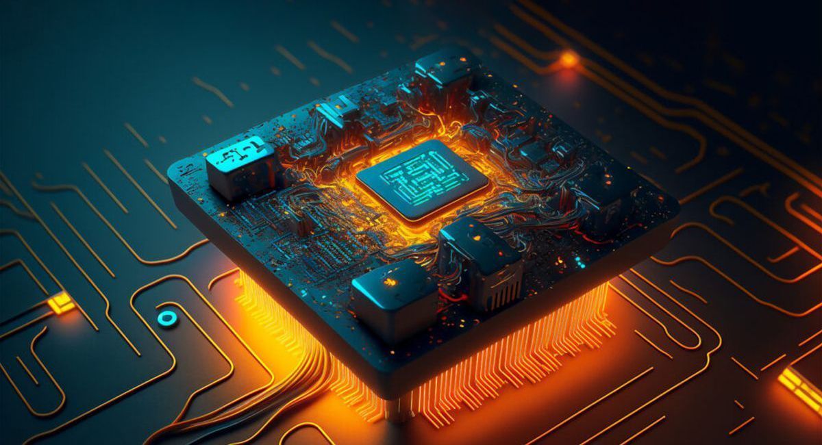 Futuristic close-up of a glowing microchip on a circuit board, representing advanced technology and digital innovation.