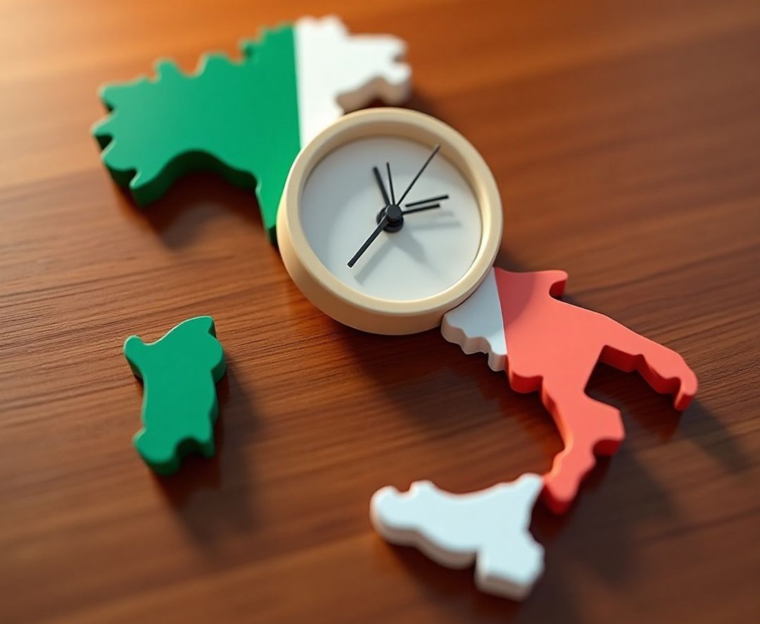 Clock placed on a stylized map of Italy in national colors, symbolizing timely and reliable services to send money to Italy.