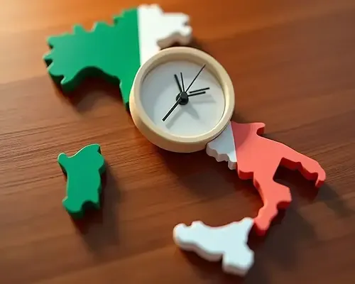 Clock placed on a stylized map of Italy in national colors, symbolizing timely and reliable services to send money to Italy.