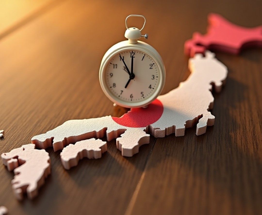 A small clock placed on a 3D map of Japan with the national flag symbol, representing sending money to Japan.