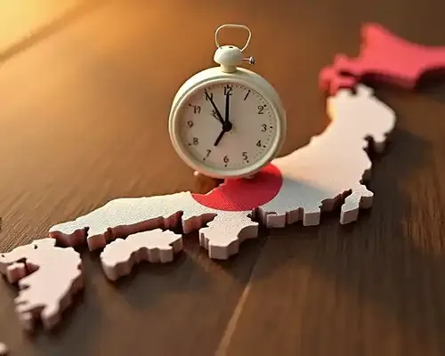 A small clock placed on a 3D map of Japan with the national flag symbol, representing sending money to Japan.