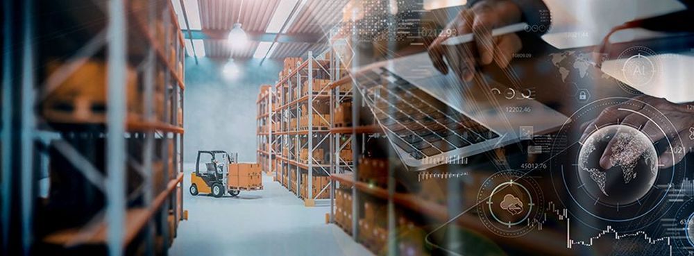 Warehouse logistics with forklift and digital interface overlay representing supply chain and technology integration.