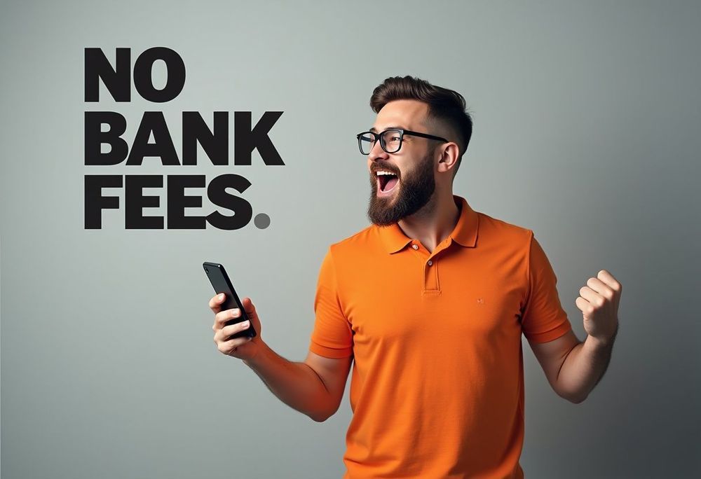 Excited man in orange shirt holding a phone, celebrating a no bank fees money transfer promotion.