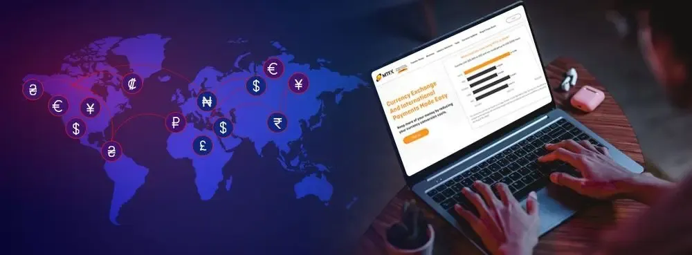 A business professional using a laptop, with digital icons representing global currency symbols and payment networks, symbolizing MTFX's integrated payment solutions.