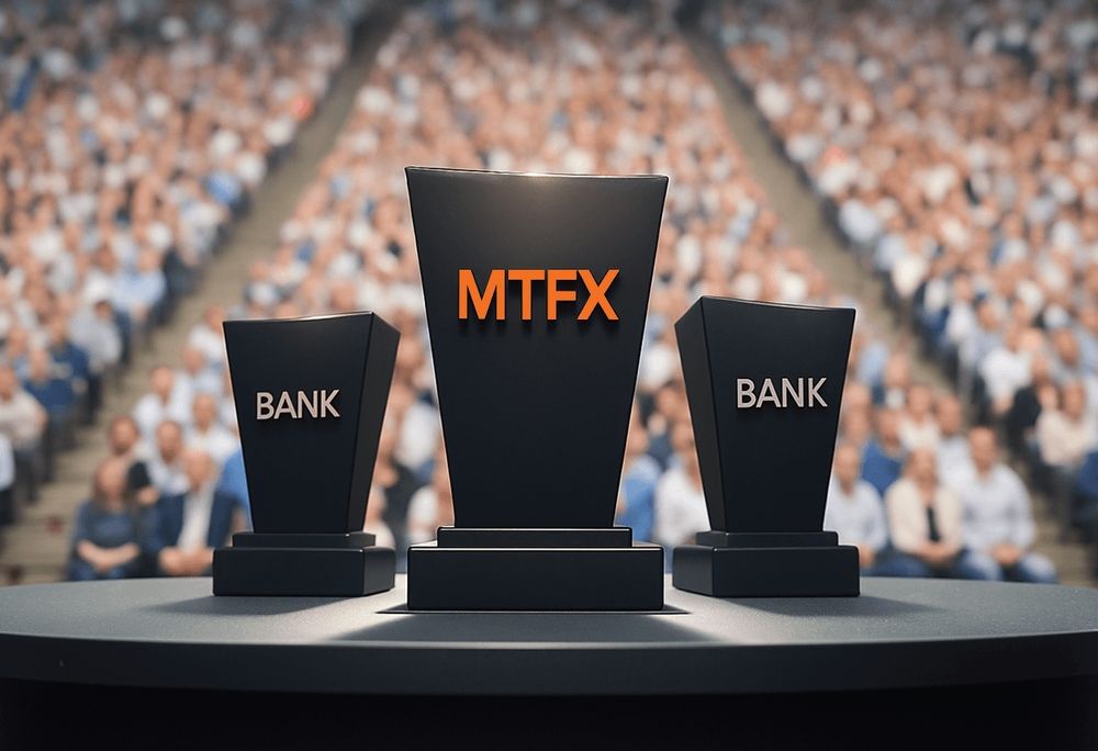 Stylized podium showing MTFX in the top center position ahead of two lower-ranked banks, with a blurred crowd in the background suggesting popularity and trust.