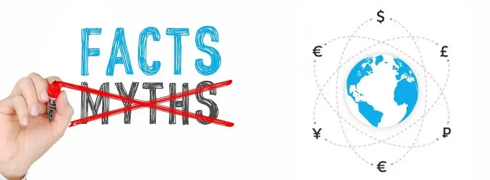 Hand crossing out the word 'Myths' and highlighting 'Facts' beside a graphic of the Earth surrounded by currency symbols, representing debunked misconceptions about international money transfers.