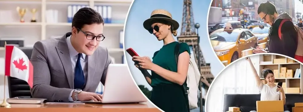 People using mobile devices for work, travel, and shopping, including a Canadian businessman and global travelers.