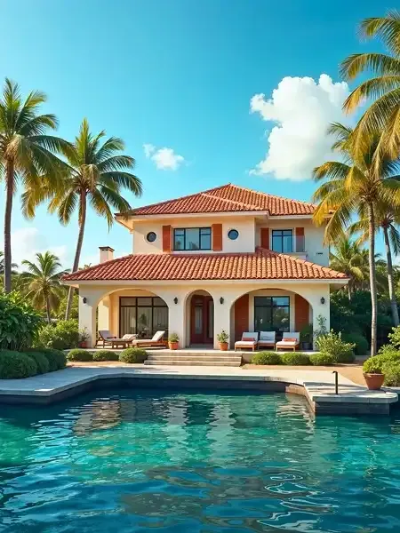 Luxury villa with terracotta roof, surrounded by palm trees and facing a clear blue pool, representing high-value overseas property investment