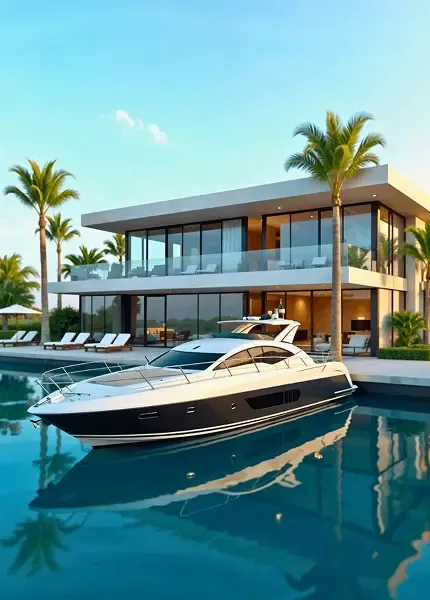 Modern waterfront villa with a private yacht docked along the shoreline, surrounded by palm trees